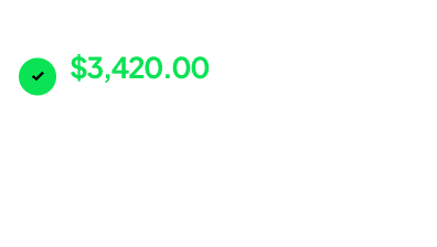 Rewards confirmed card showing $3,420.00 processed in 11h 42m